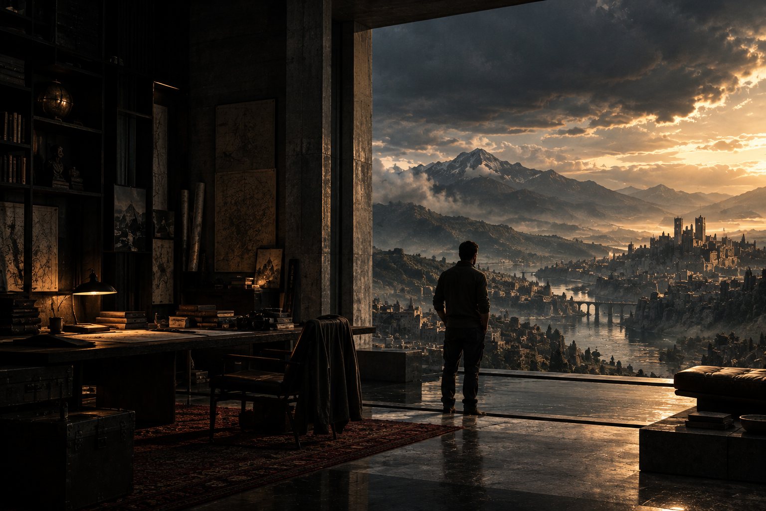 Concept art: a lone figure on a terrace overlooks a river city and mountains at dusk.